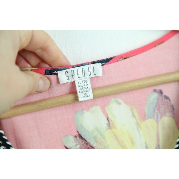 Spense Women's XL Blouse Popover Top Floral Multi Gingham Boho Relaxed Tie Front - Picture 2 of 6